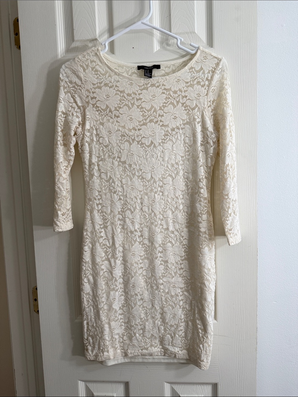 Forever 21 Cream Lace Sheath Dress with Three-Quarter Sleeves